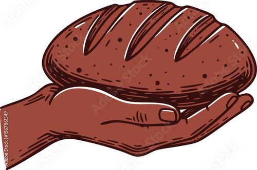 Hand holding fresh brown bread loaf vector illustration natural food concept healthy eating 