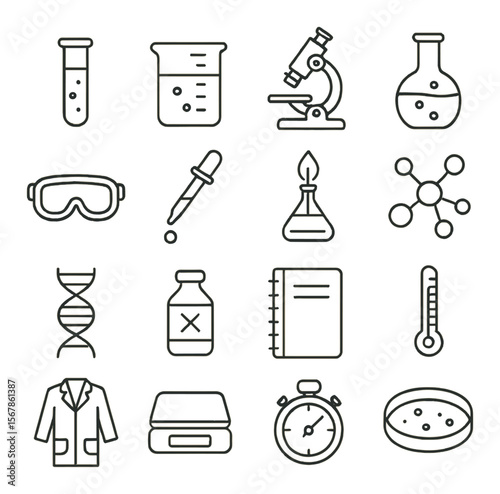 Science lab icon collection, laboratory research symbols. chemistry and experiment set