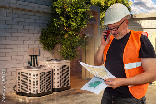 Engineer in safety vest and helmet inspects HVAC blueprints while on phone near outdoor AC units, working at a construction site. Activity: HVAC installation, construction.