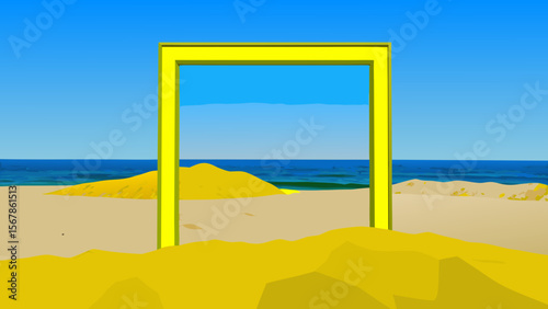 Panoramic view of a tropical beach from a window, showcasing the ocean, sand, and sunny sky