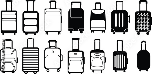 Modern suitcase and travel bag vector set, flat luggage icon collection, solid and outline graphic group, editable design elements for tourism, vacation, journey, business trip, and airport projects