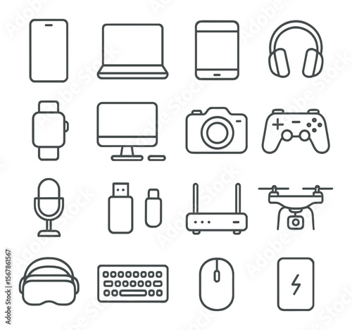 Gadget and device icon collection for tech designs. electronics and hardware symbol set