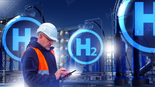 Engineer in helmet and vest uses tablet at hydrogen plant at night with large H2 tanks in background. Activity: Hydrogen energy production, industrial energy sector.