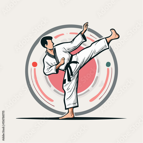 Martial artist in white gi doing a side kick against a circular backdrop