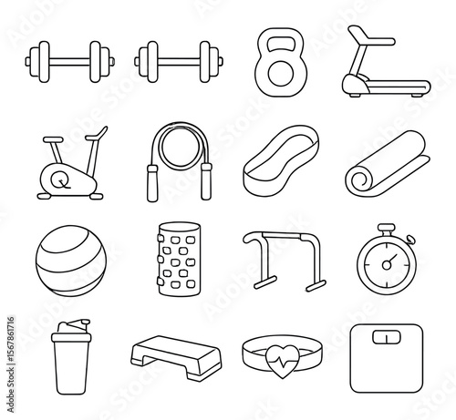 Fitness equipment collection, gym training icons. exercise and workout tools set