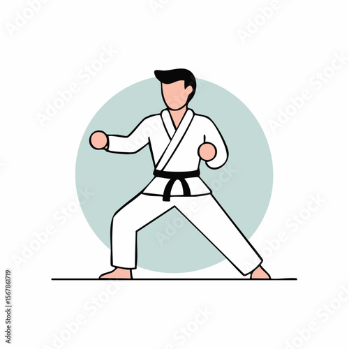 Martial artist in white gi  black belt poised in a fighting stance against a mint circle background