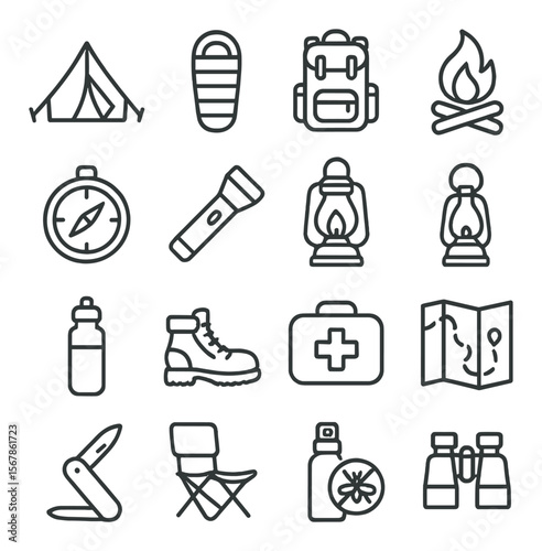 Camping essentials collection, outdoor adventure icons. hiking and nature gear set