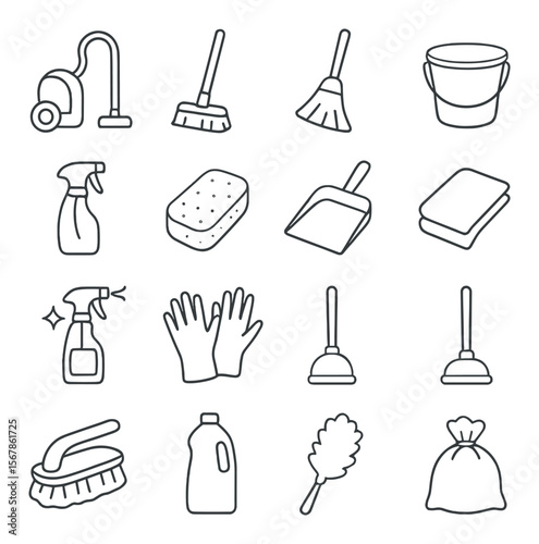 Home cleaning tools collection, essential housekeeping equipment. domestic chores kit