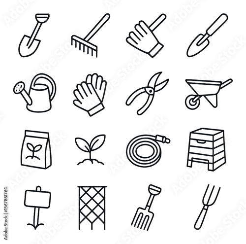 Gardening tools icon collection, garden equipment set, horticulture symbols pack
