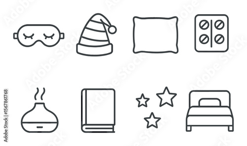 Sleep essentials collection, bedtime icons set. night and rest symbols for relaxation