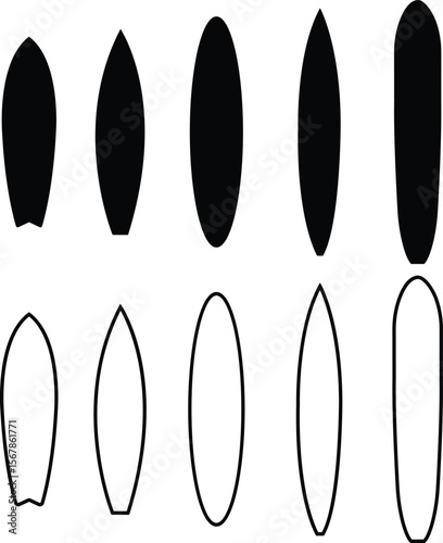 Surfboard vector icons set, flat and line beach sport board collection, solid and outline graphic group, editable design elements for surfing, ocean, summer, water sports, vacation, adventure themes