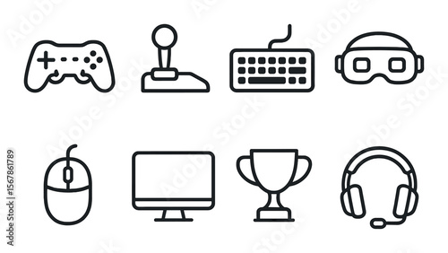 Gaming symbols collection, game design icons. joystick, keyboard, and headset set