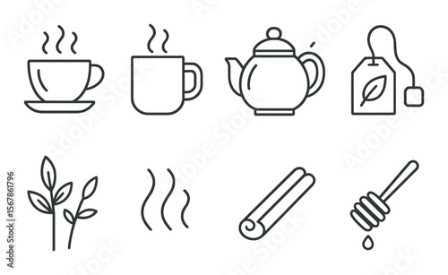 Warm beverage icon collection, drink symbols. coffee, tea, and cozy drinks set