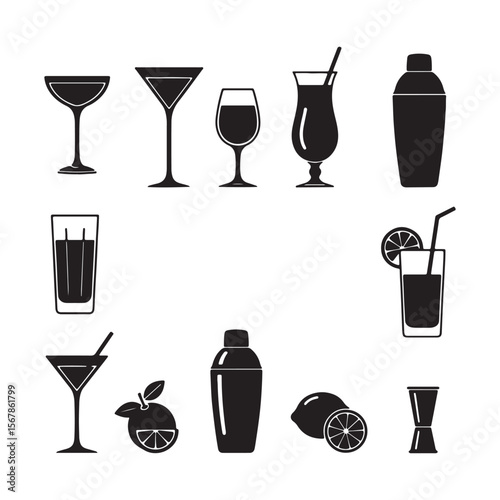 Black and White Cocktail Icons Set Martini Glass Shaker Lemon Orange Juice Drinkware