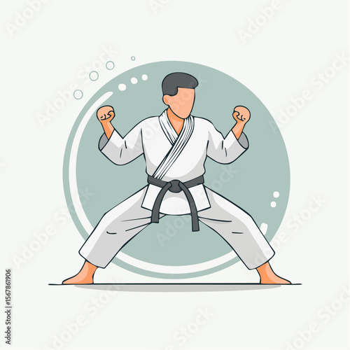 Karateka in white gi black belt in a stance with hands raised