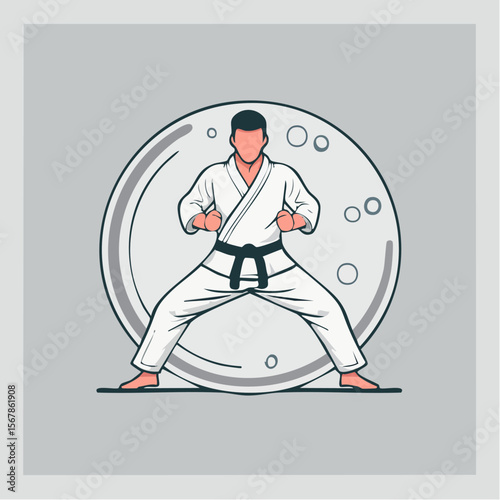 Karateka in white gi black belt wide stance before moonlike circle