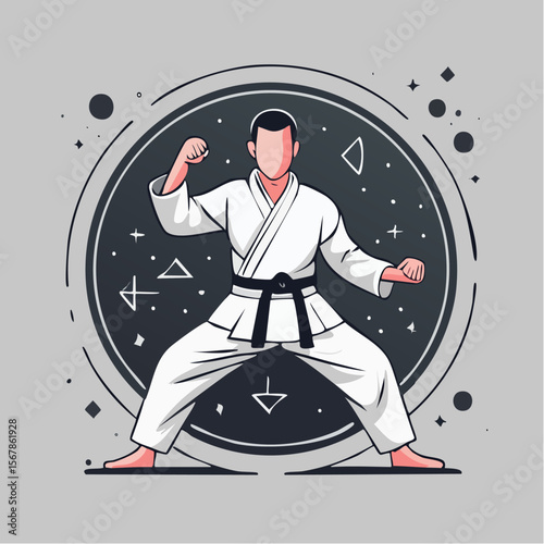 Karateka in white gi  black belt stands in fighting stance inside circular border geometric shapes float