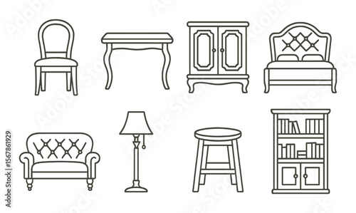 Furniture icon collection, classic home decor symbols. interior and room design set