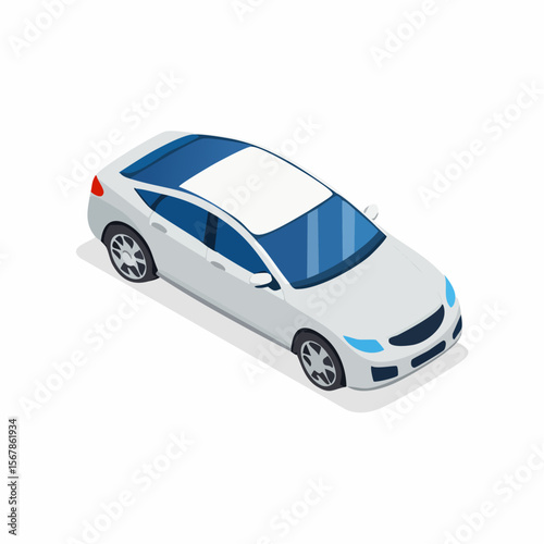 Light grey sedan car with blue windows white roof and blue headlights at an isometric view