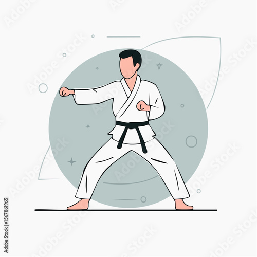 Man in karate stance wearing a white uniform with a black belt