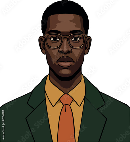 Young man wearing glasses green suit and orange tie professional portrait vector illustration 