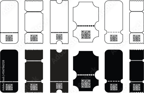 Tickets vector icons set with QR code, flat and line admission pass collection, solid and outline graphic group, editable design elements for events, cinema, concert, travel, entertainment projects