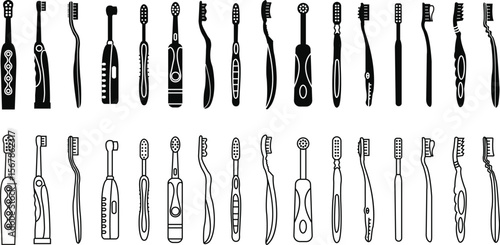 Toothbrush vector icons set, dental care and oral hygiene brush collection, flat and line solid and outline graphic group, editable design elements for health, teeth cleaning, and dentist projects