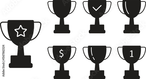 Trophy black vector icons set, award and achievement cup collection, solid graphic group, editable design elements for sports, success, winner, competition, and championship projects