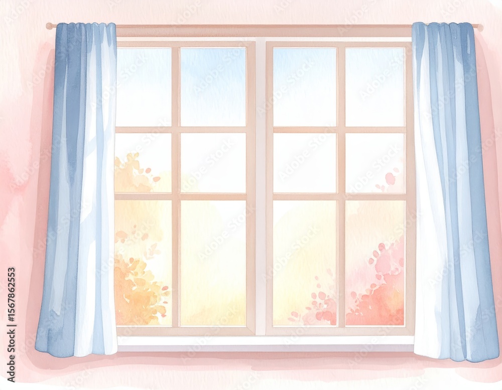 Fototapeta premium Serene interior, sunlight through blue curtain on pink wall, a tranquil home decor vignette