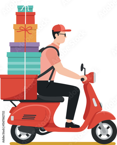 Delivery man riding red scooter with stacked gift boxes vector illustration 