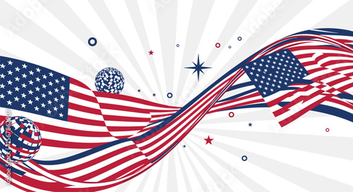 A dynamic wavy banner displaying the american flag colors and symbols creating a celebratory patriotic theme
