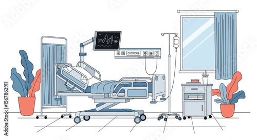 Modern hospital room interior with advanced patient bed and medical equipment creating a healing environment