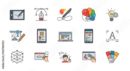 Collection of graphic design and digital art creation tools and concepts illustrated with icons