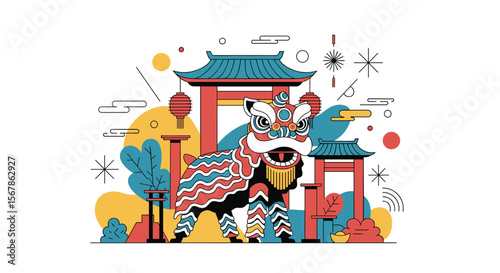 Vibrant traditional lion dance performance during asian festival celebrations amidst colorful decorations and architectural elements