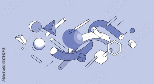 Abstract geometric composition with intertwined shapes and dynamic lines creating a sense of movement and depth