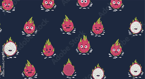 A playful pattern of whimsical dragon fruit characters with expressive faces displayed on a dark navy blue background in a repeating grid layout