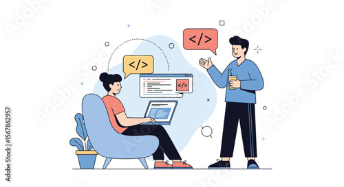 Diverse professionals collaborate on digital project discussing code and user interface elements in a modern office setting fostering teamwork and innovation