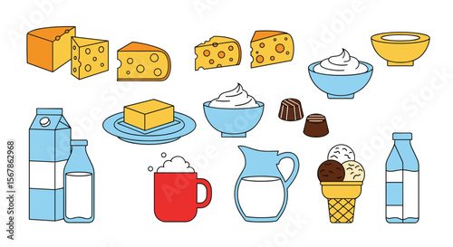 Delicious assortment of dairy products and sweets featuring cheese butter milk cream and ice cream treats