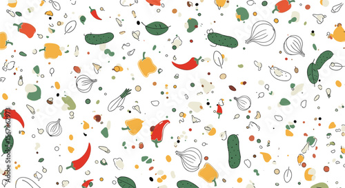 A lively pattern featuring chili peppers cucumbers and yellow bell peppers scattered across a white terrazzo background