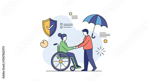 Providing assistance and support to individuals needing care and protection under an umbrella illustration