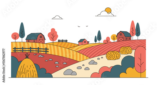 A picturesque autumn farm scene with rolling hills barns trees and hay bales under a bright sunny sky