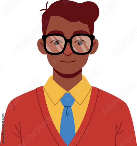 Young man with glasses wearing red cardigan and blue tie vector illustration 