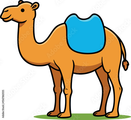 Camel standing with blue saddle simple cartoon style desert animal vector illustration 