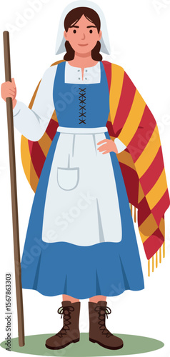 Woman in traditional folk costume holding wooden staff with colorful shawl vector illustration 