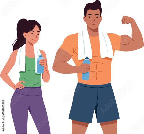 Fit young man and woman drinking water after workout with towels and sportswear vector illustration 