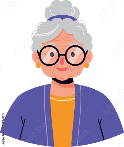 Elderly woman with gray hair glasses purple cardigan orange shirt vector illustration 