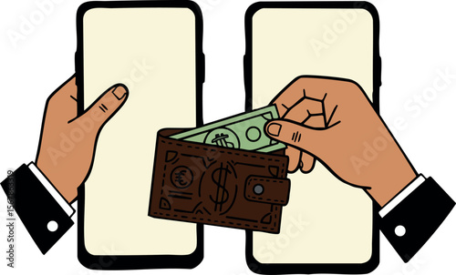 Hands Holding Smartphones and Wallet with Dollar Bill Vector Illustration