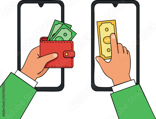 Mobile payment transaction with wallet and cash exchanging on smartphone screens vector illustration 