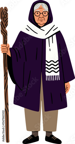 Elderly woman standing with wooden staff wearing dark purple cloak and white scarf vector illustration 