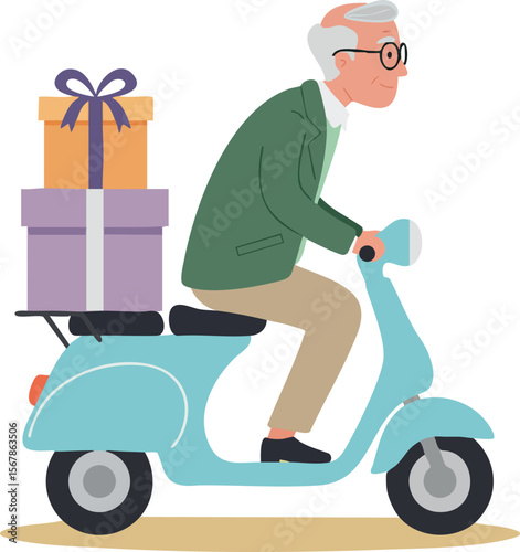 Elderly man riding blue scooter carrying stacked gift boxes in flat style vector illustration 